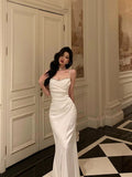 Niulatu Mermaid Spaghetti Straps White Satin Slit Prom Dresses Birthday Outfits SD675