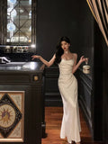 Niulatu Mermaid Spaghetti Straps White Satin Slit Prom Dresses Birthday Outfits SD675