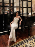 Niulatu Mermaid Spaghetti Straps White Satin Slit Prom Dresses Birthday Outfits SD675