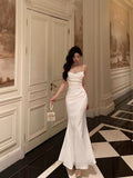 Niulatu Mermaid Spaghetti Straps White Satin Slit Prom Dresses Birthday Outfits SD675