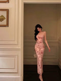 Niulatu Mermaid Spaghetti Straps Floral Pink Prom Dresses Ankle Length Birthday Outfits SD678