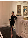 Niulatu Sheath Halter Neckline Long Sleeves Black Knee Length Prom Dresses Birthday Outfits SD679
