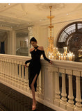 Niulatu Sheath Halter Neckline Long Sleeves Black Knee Length Prom Dresses Birthday Outfits SD679