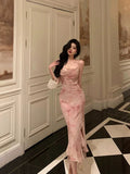 Niulatu Sheath Spaghetti Straps Floral Pink Prom Dresses Tea Length Birthday Outfits SD681