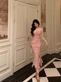 Niulatu Sheath Spaghetti Straps Floral Pink Prom Dresses Tea Length Birthday Outfits SD681