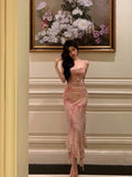 Niulatu Sheath Spaghetti Straps Floral Pink Prom Dresses Tea Length Birthday Outfits SD681