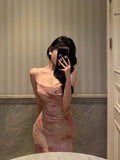 Niulatu Sheath Spaghetti Straps Floral Pink Prom Dresses Tea Length Birthday Outfits SD681