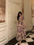 Niulatu A line V Neckline Short Sleeves Date Night Dress Lilac Floral Prom Dresses Birthday Outfits SD682