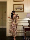 Niulatu A line V Neckline Short Sleeves Date Night Dress Lilac Floral Prom Dresses Birthday Outfits SD682