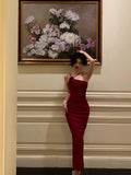Niulatu Sheath Halter Neckline Sleeveless Red Prom Dresses Birthday Outfits With Flower SD683