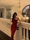 Niulatu Sheath Halter Neckline Sleeveless Red Prom Dresses Birthday Outfits With Flower SD683