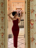 Niulatu Sheath Halter Neckline Sleeveless Red Prom Dresses Birthday Outfits With Flower SD683