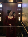 Niulatu A line Square Neckline Long Sleeves Tea Length Velvet Prom Dresses Birthday Outfits SD686