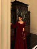 Niulatu A line Square Neckline Long Sleeves Tea Length Velvet Prom Dresses Birthday Outfits SD686