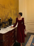 Niulatu A line Square Neckline Long Sleeves Tea Length Velvet Prom Dresses Birthday Outfits SD686