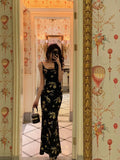 Niulatu Mermaid Spaghetti Straps Floral Black Prom Dresses Ankle Length Birthday Outfits SD687