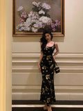 Niulatu Mermaid Spaghetti Straps Floral Black Prom Dresses Ankle Length Birthday Outfits SD687