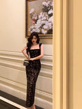 Niulatu Mermaid Square Neckline Sleeveless Black Lace Prom Dresses Birthday Outfits SD691