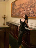 Niulatu Mermaid Square Neckline Sleeveless Black Lace Prom Dresses Birthday Outfits SD691