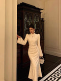 Niulatu Mermaid Mandarin Collar Long Sleeves White Lace Prom Dresses Birthday Outfits SD692