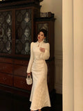 Niulatu Mermaid Mandarin Collar Long Sleeves White Lace Prom Dresses Birthday Outfits SD692
