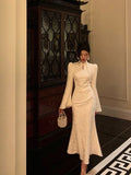 Niulatu Mermaid Mandarin Collar Long Sleeves White Lace Prom Dresses Birthday Outfits SD692