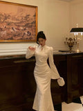 Niulatu Mermaid Mandarin Collar Long Sleeves White Lace Prom Dresses Birthday Outfits SD692