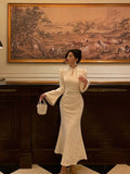 Niulatu Mermaid Mandarin Collar Long Sleeves White Lace Prom Dresses Birthday Outfits SD692
