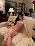 Niulatu Mermaid Spaghetti Straps Sleeveless Pink Floral Prom Dresses Birthday Outfits SD693