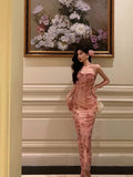 Niulatu Mermaid Spaghetti Straps Sleeveless Pink Floral Prom Dresses Birthday Outfits SD693