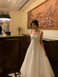 Niulatu A Line Straps Sleeveless White Tulle Date Night Dress Prom Dresses Birthday Outfits SD696