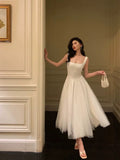 Niulatu A Line Straps Sleeveless White Tulle Date Night Dress Prom Dresses Birthday Outfits SD696