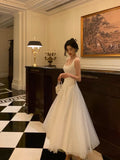 Niulatu A Line Straps Sleeveless White Tulle Date Night Dress Prom Dresses Birthday Outfits SD696