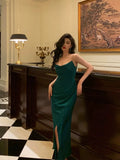 Niulatu Sheath Spaghetti Straps Dark Green Satin Slit Prom Dresses Birthday Outfits SD697