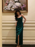 Niulatu Sheath Spaghetti Straps Dark Green Satin Slit Prom Dresses Birthday Outfits SD697