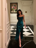 Niulatu Sheath Spaghetti Straps Dark Green Satin Slit Prom Dresses Birthday Outfits SD697