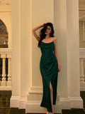 Niulatu Sheath Spaghetti Straps Dark Green Satin Slit Prom Dresses Birthday Outfits SD697