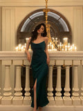 Niulatu Sheath Spaghetti Straps Dark Green Satin Slit Prom Dresses Birthday Outfits SD697