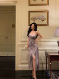 Niulatu Sheath Spaghetti Straps Purple Butterfly Satin Slit Prom Dresses Birthday Outfits SD700