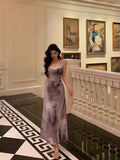 Niulatu Sheath Spaghetti Straps Purple Butterfly Satin Slit Prom Dresses Birthday Outfits SD700