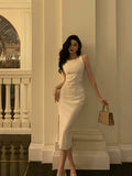 Niulatu Sheath Bateau White Satin Tea Length Prom Dresses Birthday Outfits SD702