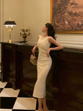 Niulatu Sheath Bateau White Satin Tea Length Prom Dresses Birthday Outfits SD702