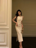 Niulatu Sheath Bateau White Satin Tea Length Prom Dresses Birthday Outfits SD702