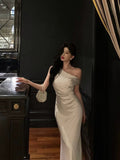 Niulatu Mermaid One Shoulder Off the Shoulder Satin White Prom Dresses Birthday Outfits SD704