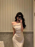 Niulatu Mermaid One Shoulder Off the Shoulder Satin White Prom Dresses Birthday Outfits SD704