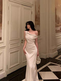 Niulatu Mermaid One Shoulder Off the Shoulder Satin White Prom Dresses Birthday Outfits SD704
