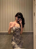 Niulatu Sheath Spaghetti Straps Floral Blue Chiffon Prom Dresses Birthday Outfit SD705