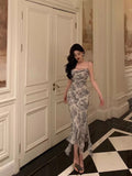Niulatu Sheath Spaghetti Straps Floral Blue Chiffon Prom Dresses Birthday Outfit SD705
