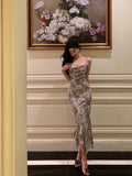Niulatu Sheath Spaghetti Straps Floral Blue Chiffon Prom Dresses Birthday Outfit SD705