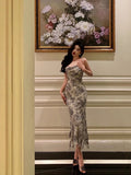 Niulatu Sheath Spaghetti Straps Floral Blue Chiffon Prom Dresses Birthday Outfit SD705
